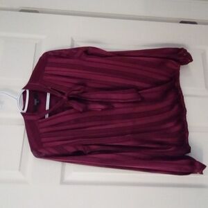 Guess Burgundy Sheer Tonal Striped Faux Wrap Tie Neck Blouse